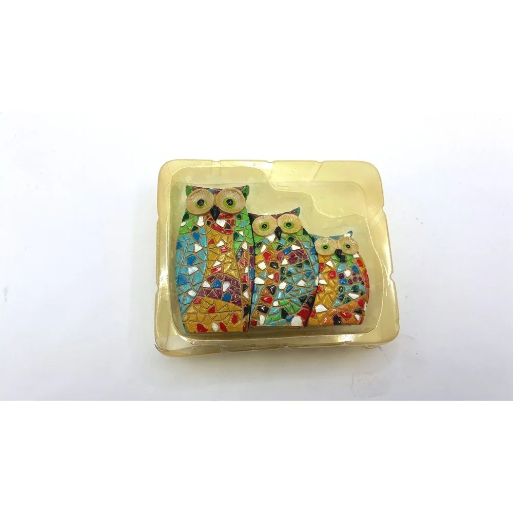 Mosaic Style Owl Gaudi Style Figurine Set 3in 2in 1.5in Multicolor Resin Decor
